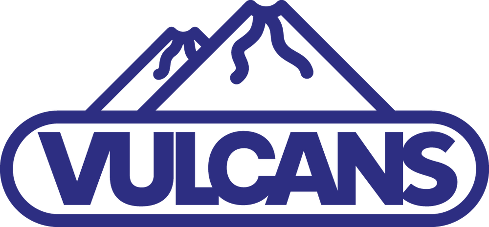 Vulcans shoes logo in blue ocean color. The Vulcans logo consist of two volcanoes. The shoes are made in a vulcanized production process. 